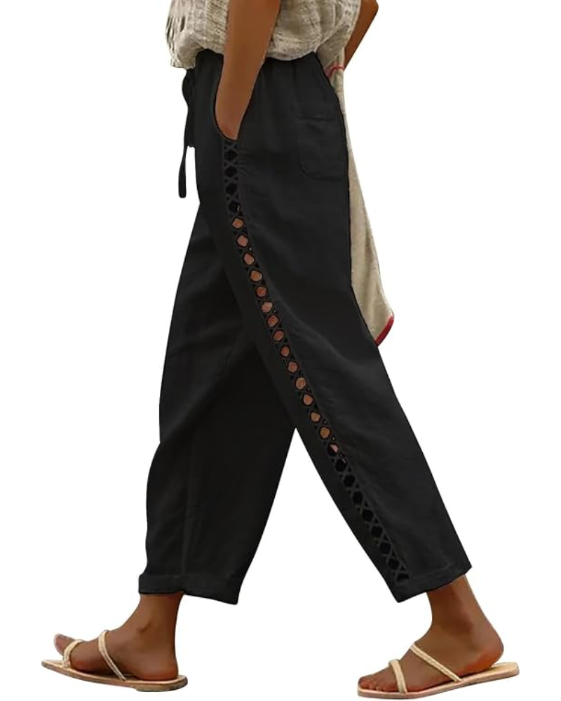 Alice Pantaloni Donna Capri – Lino Traspirante, Coulisse & Dettaglio Cut-Out