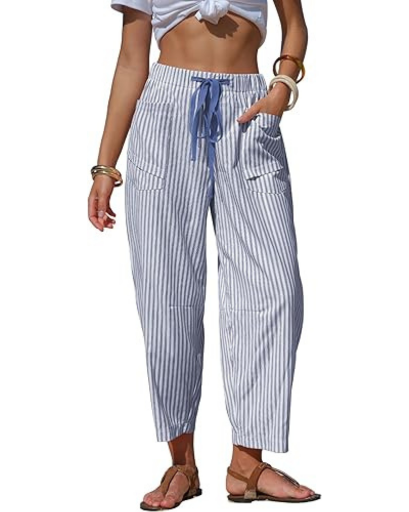Penelope Pantaloni Donna Barrel – Effetto Lino, Righe, Coulisse & Tasche