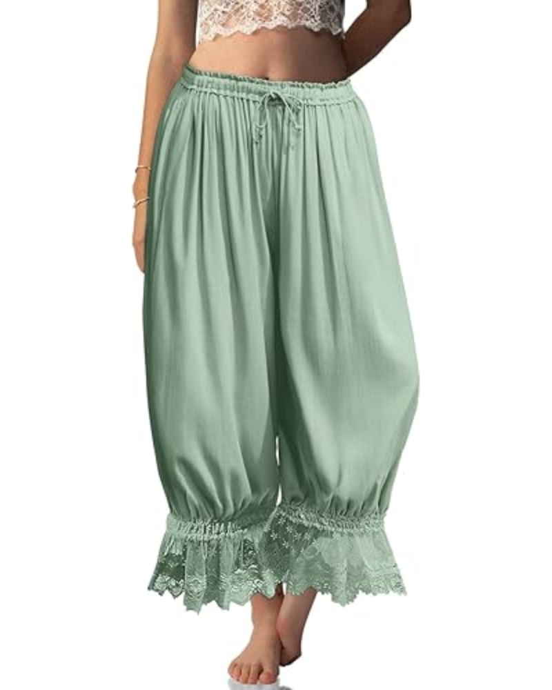 Pantalones bombachos de mujer Ivy Bloomers – Mezcla de lino, encaje con volantes y cordón ajustable