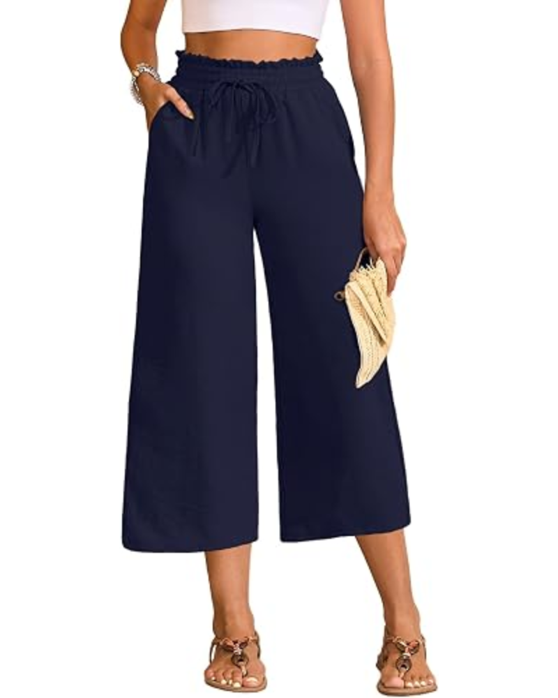 Chloé – Pantalon capri pour femme, taille haute, jambes larges et cordon de serrage réglable