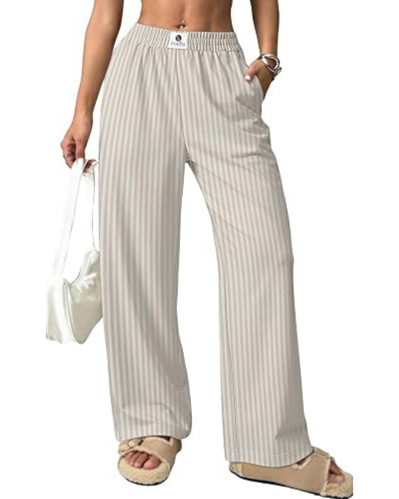 Eliza Pantalones de mujer a rayas – Tiro alto, pierna ancha y bolsillos laterales
