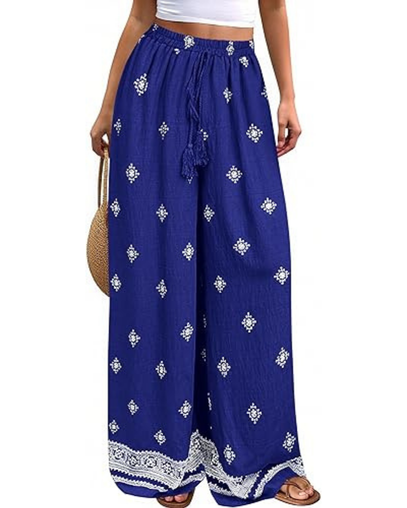 Pantalones de mujer Cassandra estilo boho – Tiro alto, estampado floral y bolsillos laterales