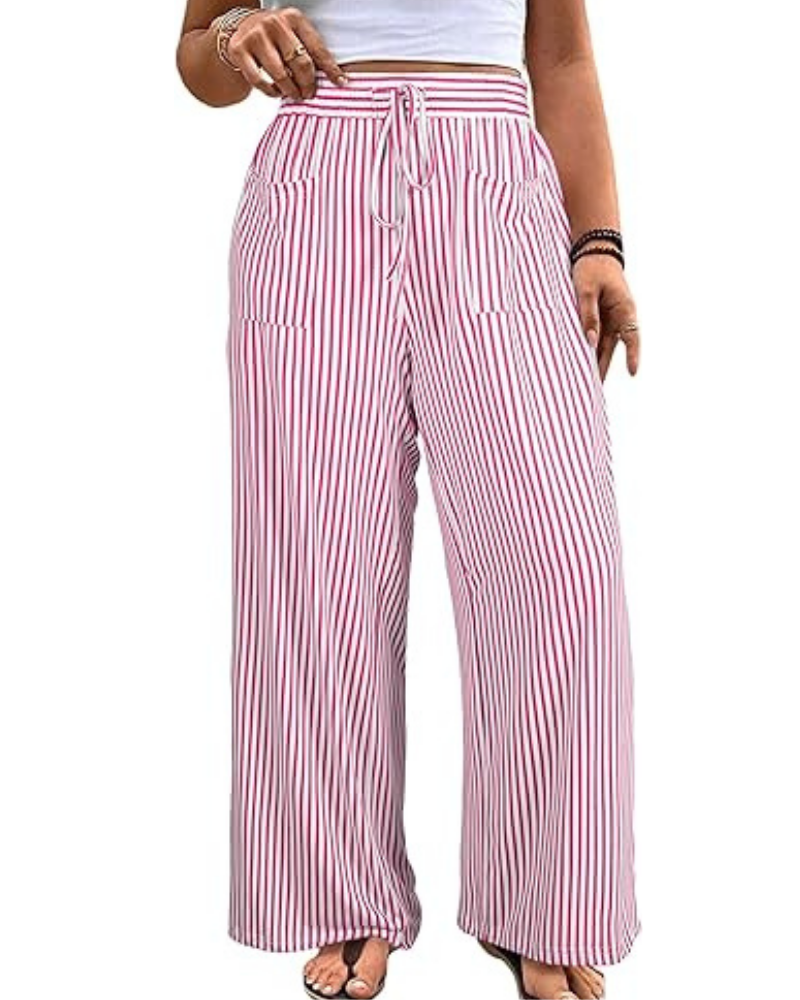 Pantalones violetas de mujer en tallas grandes – a rayas, de talle alto, con cordón y bolsillos