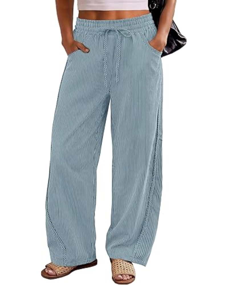 Emily Pantalones de mujer Barrel – Rayas verticales, cordón ajustable y bolsillos laterales