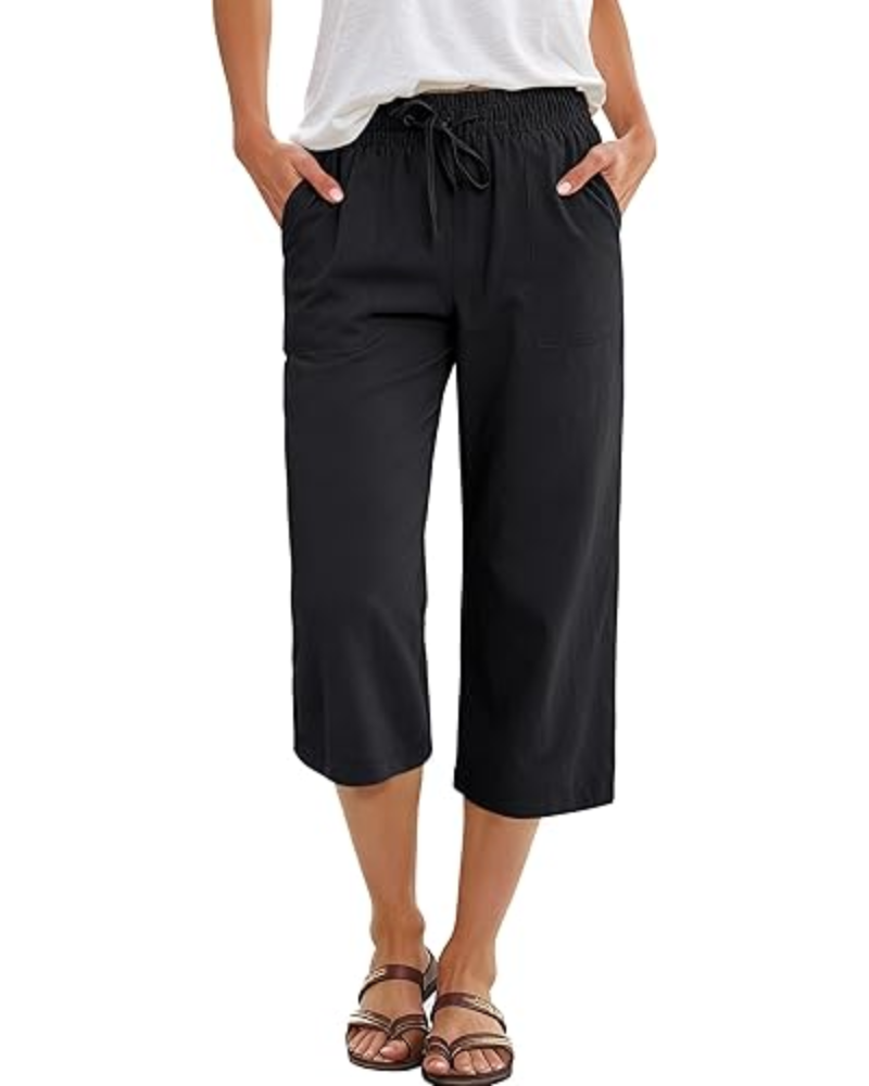 Lily Pantalon capri pour femme – taille haute, cordon de serrage et tissu fluide en rayonne