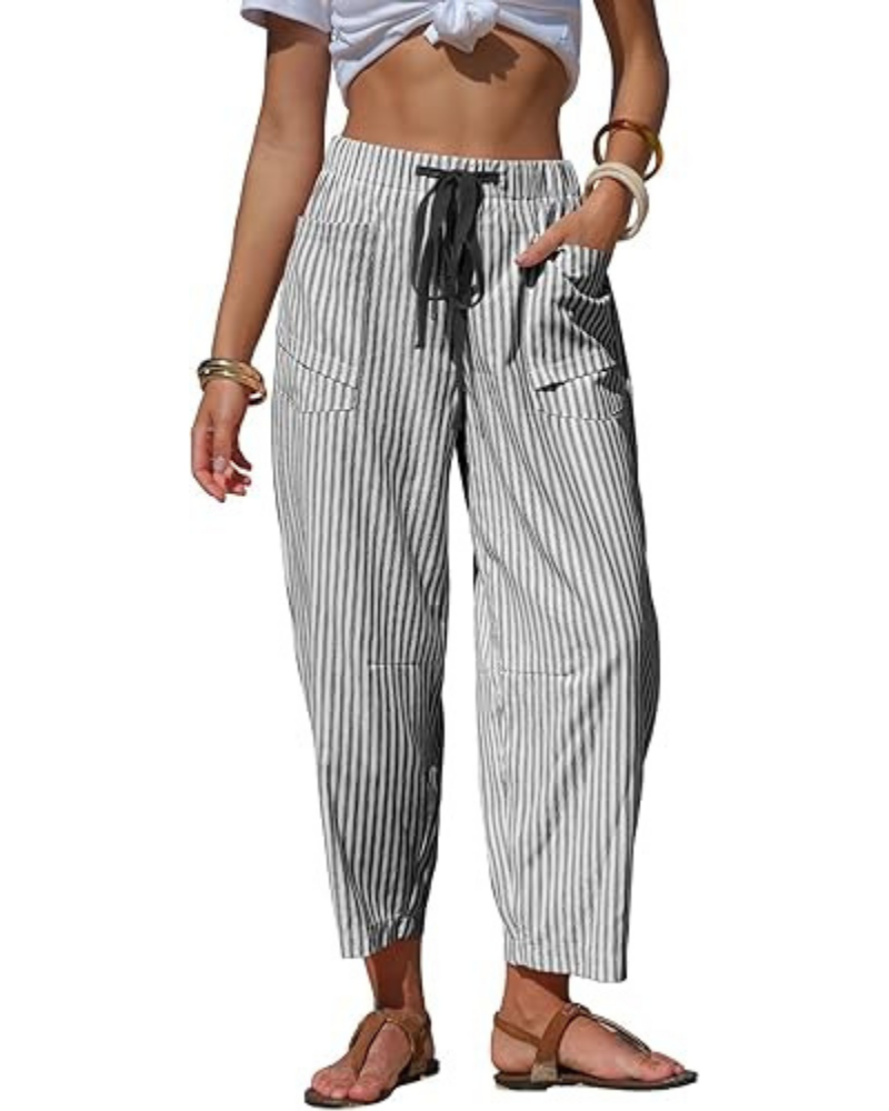 Penelope Pantaloni Donna Barrel – Effetto Lino, Righe, Coulisse & Tasche