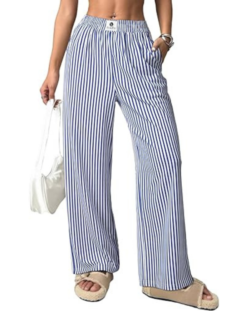 Eliza Pantalones de mujer a rayas – Tiro alto, pierna ancha y bolsillos laterales
