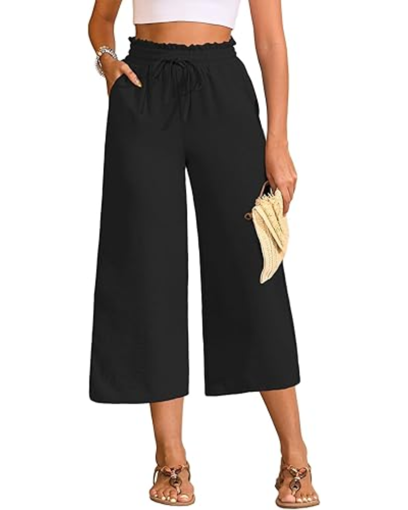 Chloé – Pantalon capri pour femme, taille haute, jambes larges et cordon de serrage réglable