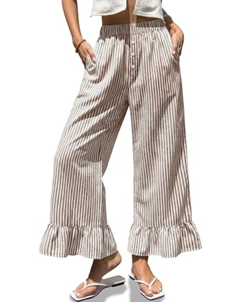Grace dámské kalhoty Gingham – široké nohavice, volánový lem a elastický pas