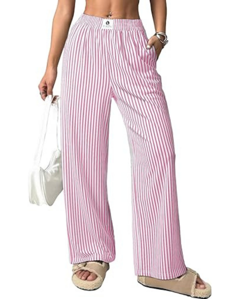 Eliza Pantalones de mujer a rayas – Tiro alto, pierna ancha y bolsillos laterales