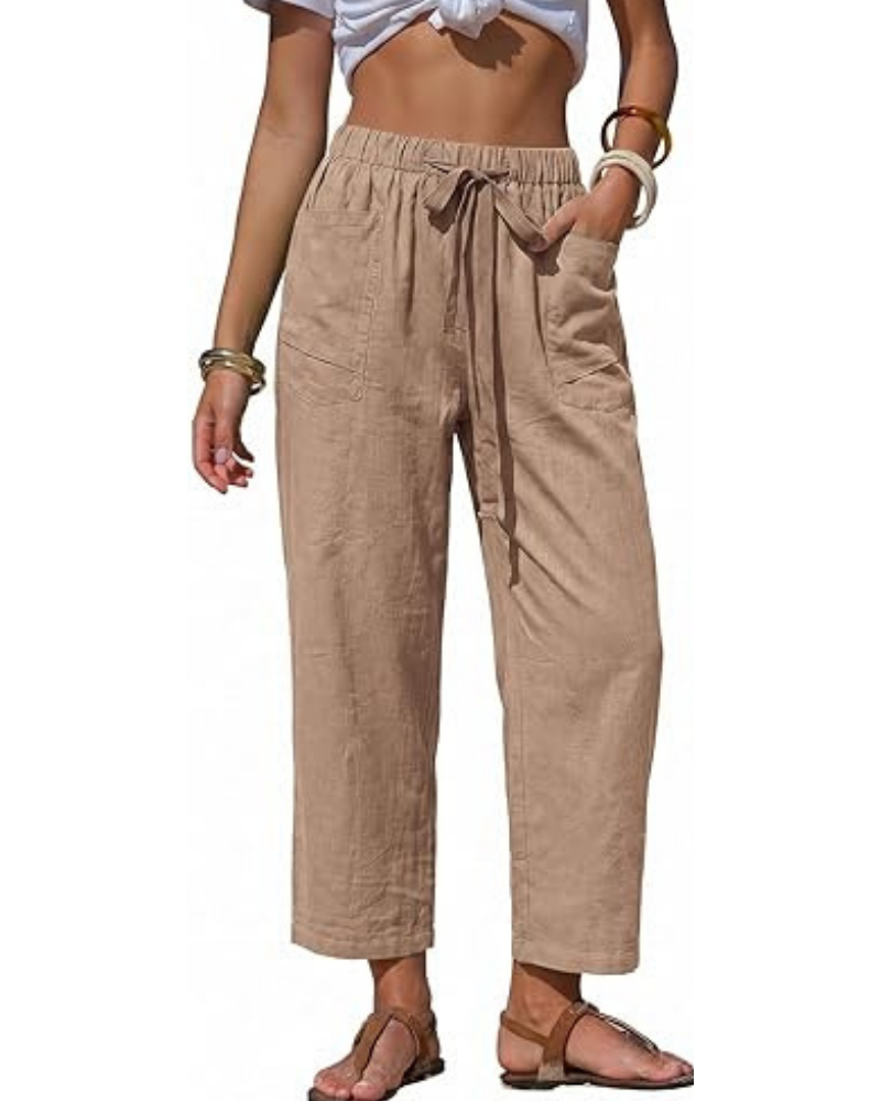 Penelope Pantaloni Donna Barrel – Effetto Lino, Righe, Coulisse & Tasche