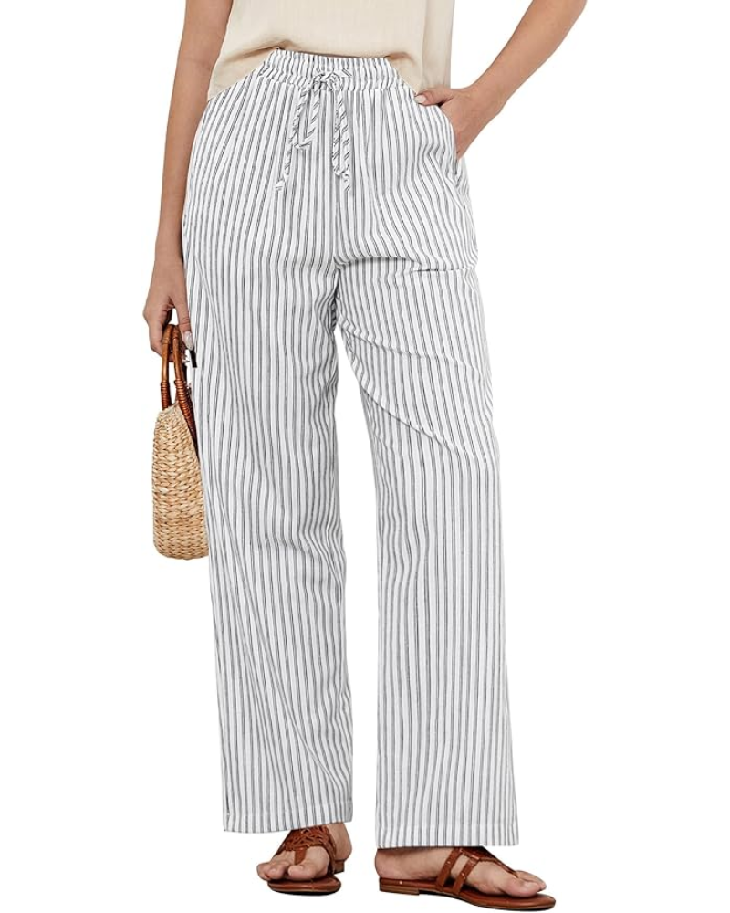 Lucy Pantaloni Donna a Righe – Misto Lino, Gamba Larga & Coulisse