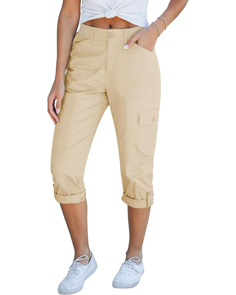 Julia Pantalones Capri Cargo para Mujer – Tiro Alto, 6 Bolsillos y Bajo Enrollado