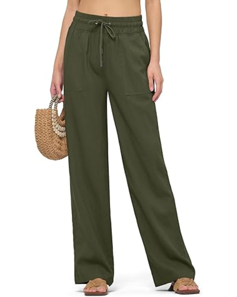 Emma Pantaloni Donna Lino – Gamba Larga, Coulisse & Tasche Funzionali