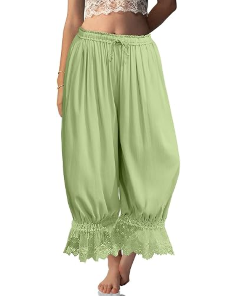 Pantalones bombachos de mujer Ivy Bloomers – Mezcla de lino, encaje con volantes y cordón ajustable
