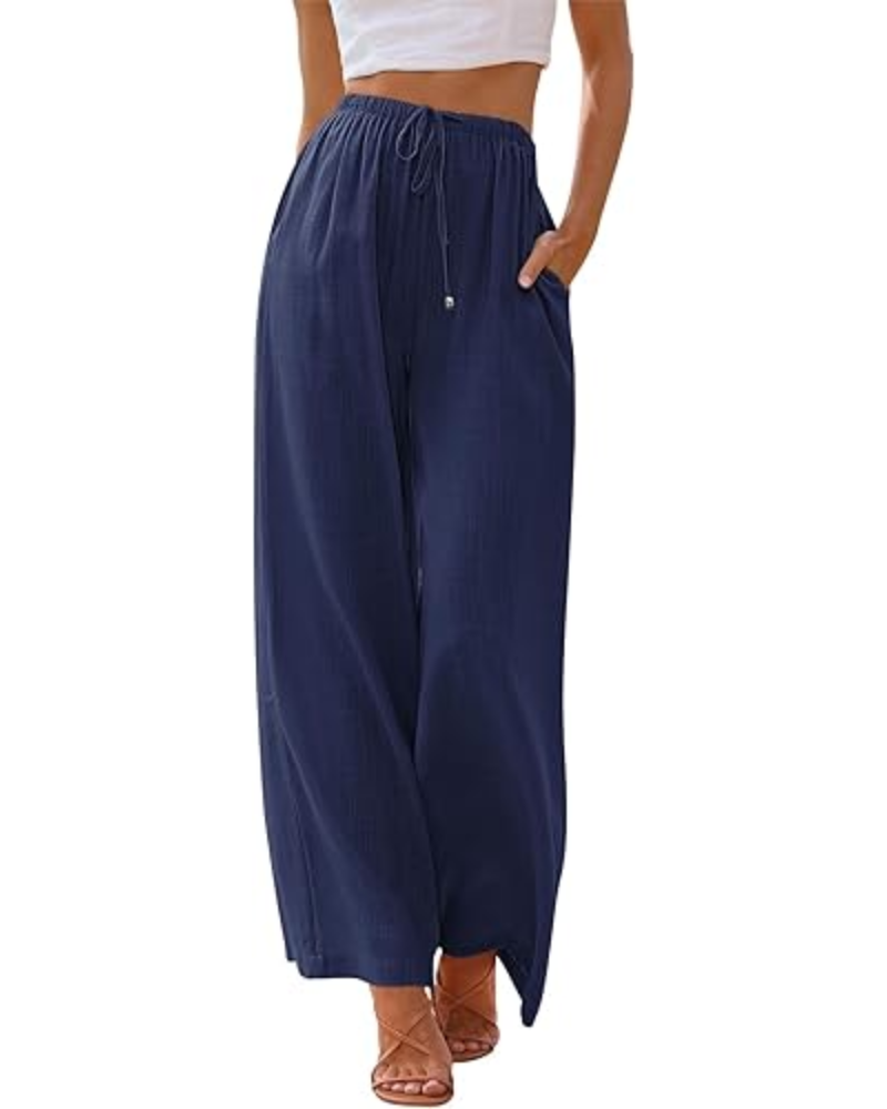 Natalie Pantaloni Donna Lino Rayon – Gamba Larga, Coulisse & Tessuto Leggero