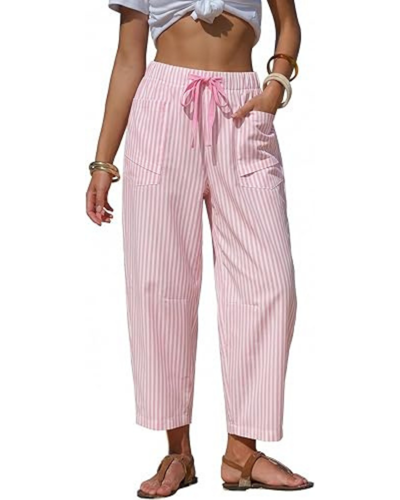 Penelope Pantaloni Donna Barrel – Effetto Lino, Righe, Coulisse & Tasche