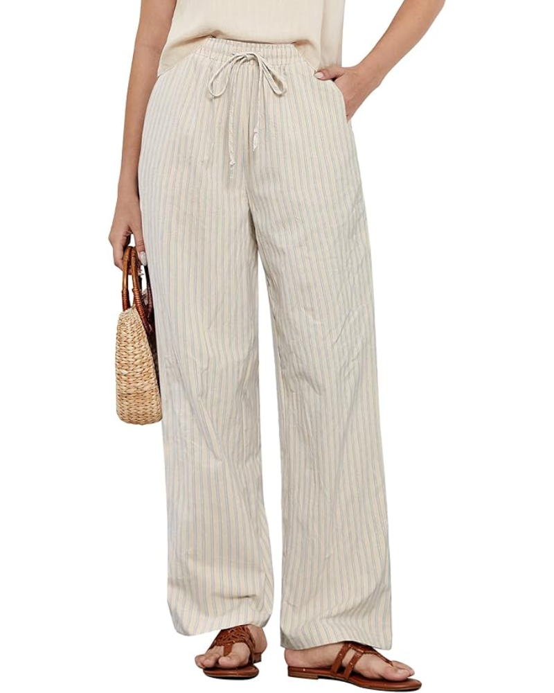 Lucy Pantaloni Donna a Righe – Misto Lino, Gamba Larga & Coulisse