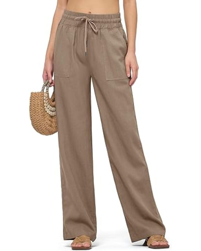 Emma Pantaloni Donna Lino – Gamba Larga, Coulisse & Tasche Funzionali
