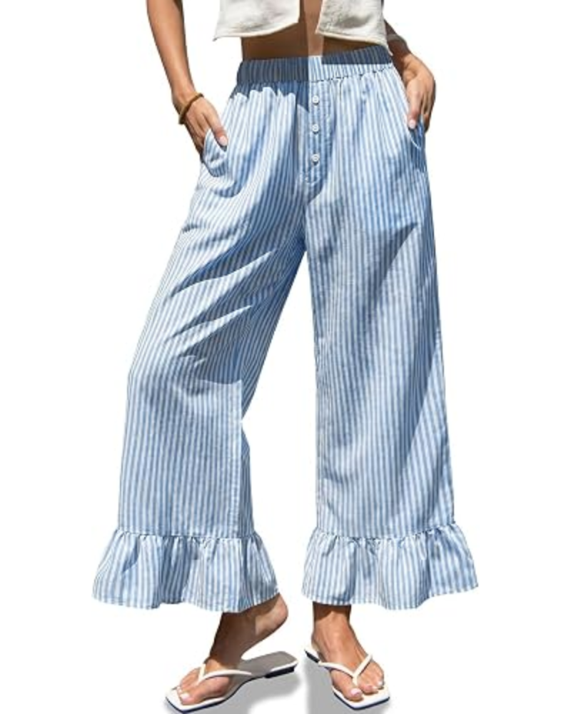Grace dámské kalhoty Gingham – široké nohavice, volánový lem a elastický pas