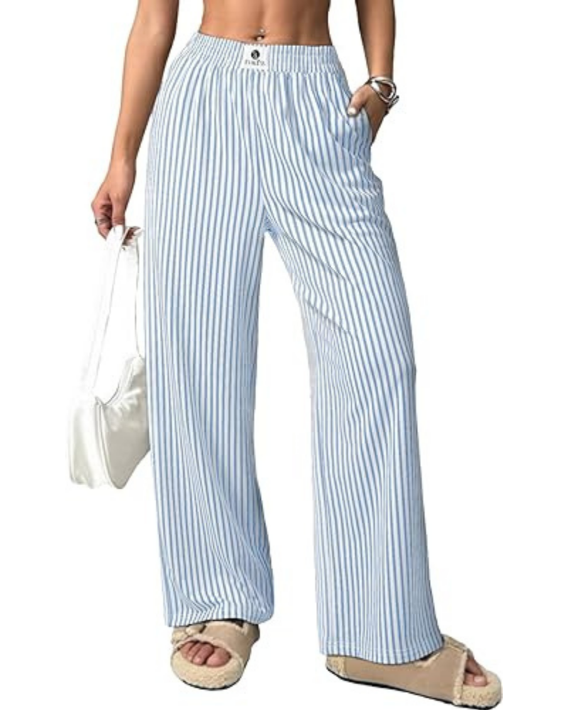 Eliza Pantalones de mujer a rayas – Tiro alto, pierna ancha y bolsillos laterales