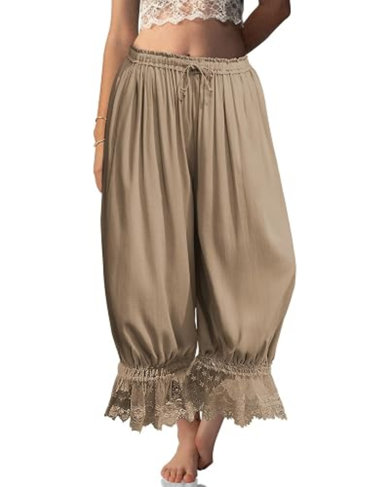 Pantalones bombachos de mujer Ivy Bloomers – Mezcla de lino, encaje con volantes y cordón ajustable