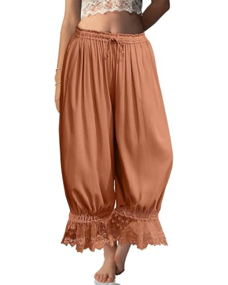Pantalones bombachos de mujer Ivy Bloomers – Mezcla de lino, encaje con volantes y cordón ajustable