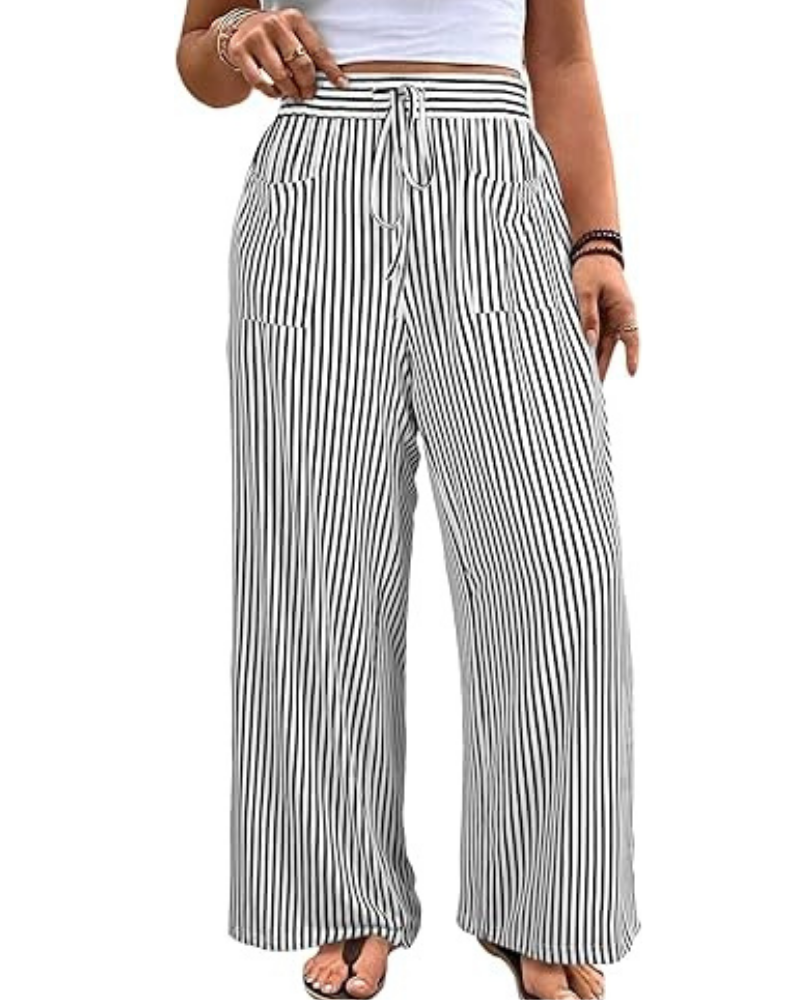 Pantalones violetas de mujer en tallas grandes – a rayas, de talle alto, con cordón y bolsillos