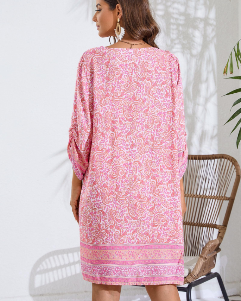 Elena Robe d'été pour femme – Robe bohème avec col en V, manches 3/4 et imprimé floral
