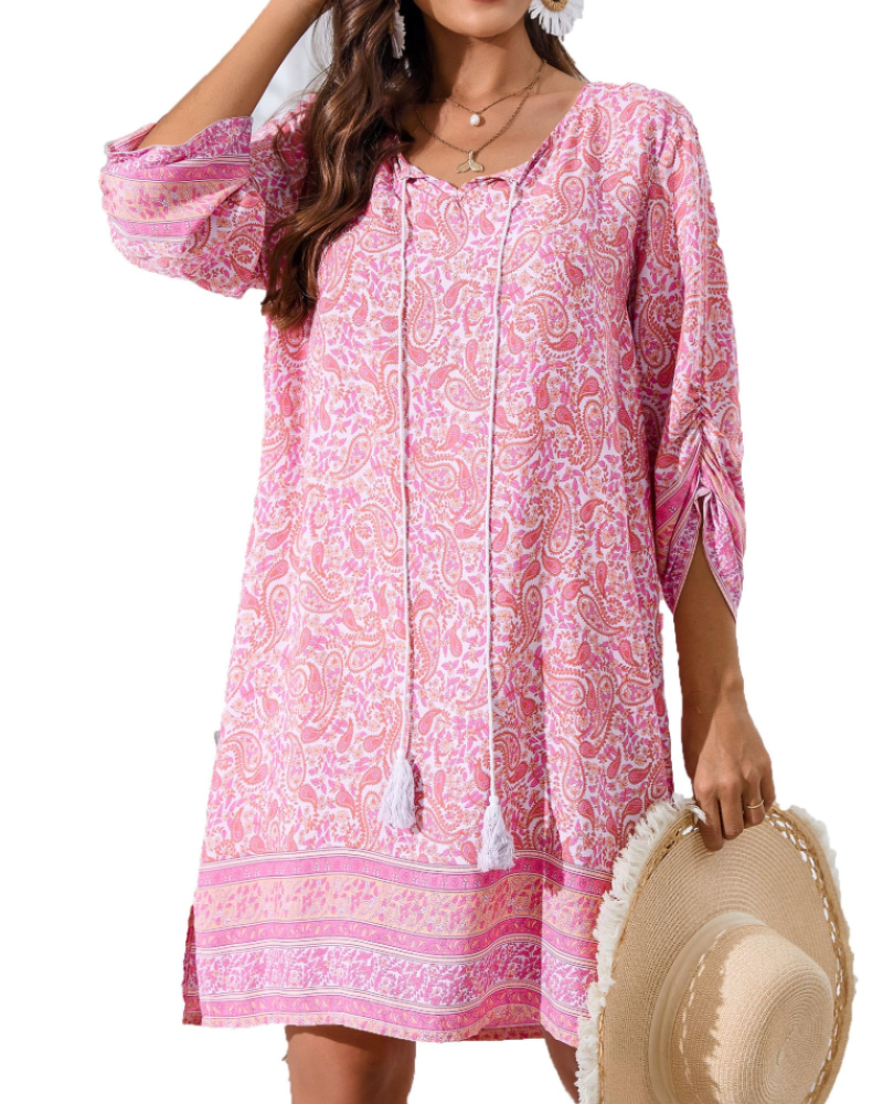Elena Robe d'été pour femme – Robe bohème avec col en V, manches 3/4 et imprimé floral