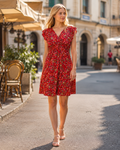 Hannah Abito Donna – Rød blomstrete mini kjole i chiffon med V-hals og volanger