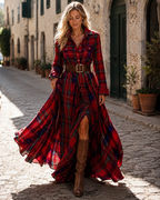 Wendy Women's Long Dress – Checkered Dress with V-Neck, Buttons, and Long Sleeves