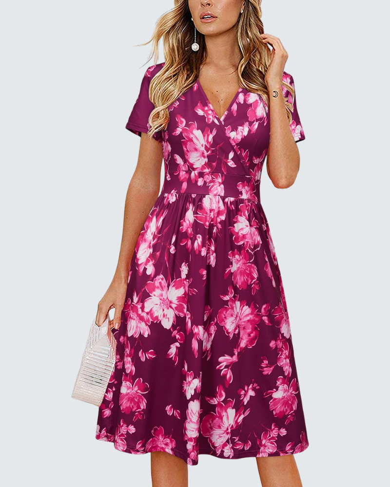 Ruby Vestido cruzado para mujer – Vestido midi con escote en V, mangas cortas y bolsillos