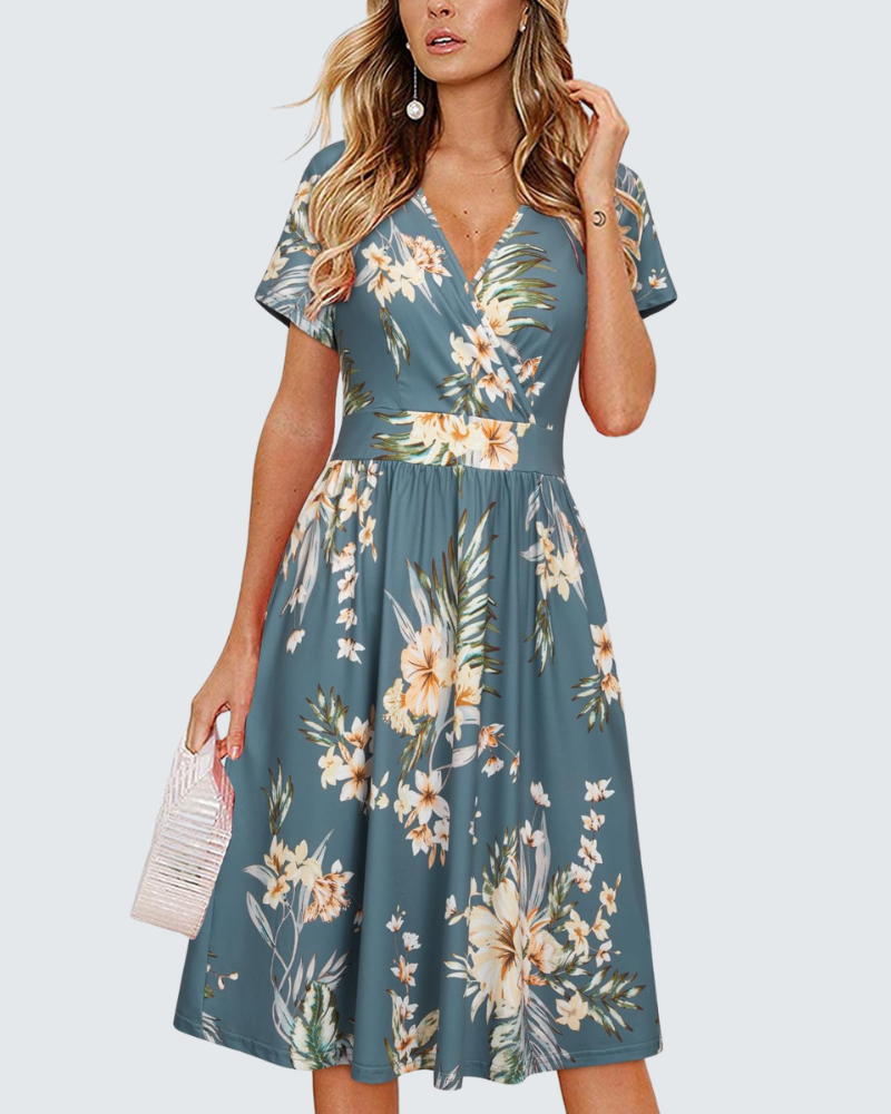 Ruby Vestido cruzado para mujer – Vestido midi con escote en V, mangas cortas y bolsillos