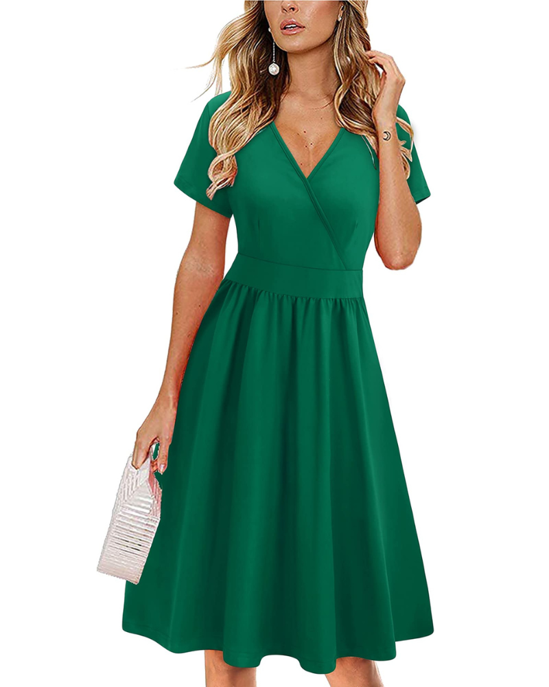 Ruby Vestido cruzado para mujer – Vestido midi con escote en V, mangas cortas y bolsillos
