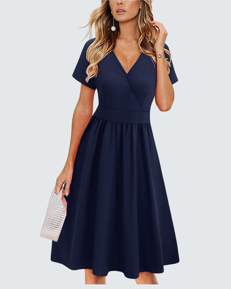 Ruby Vestido cruzado para mujer – Vestido midi con escote en V, mangas cortas y bolsillos