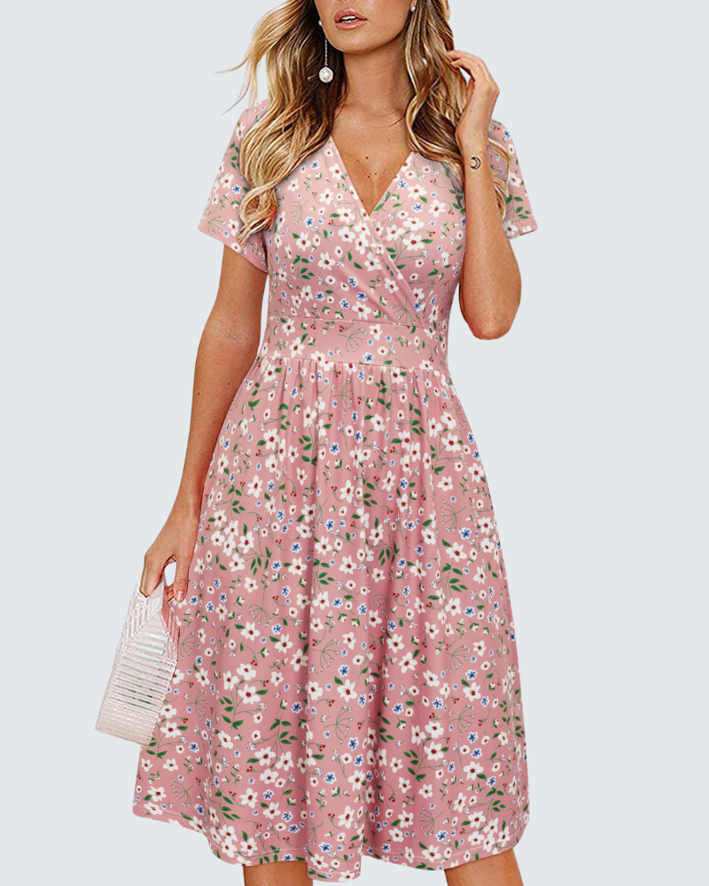 Ruby Vestido cruzado para mujer – Vestido midi con escote en V, mangas cortas y bolsillos