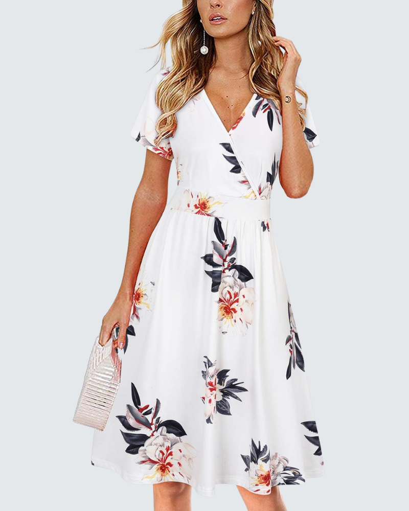 Ruby Vestido cruzado para mujer – Vestido midi con escote en V, mangas cortas y bolsillos