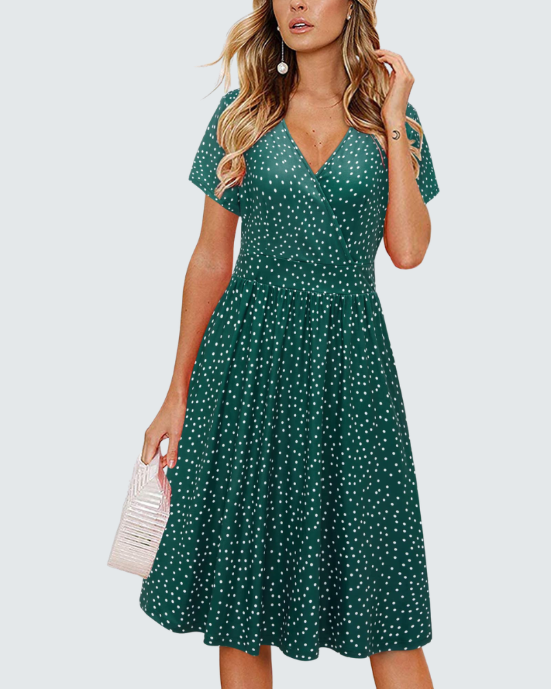 Ruby Vestido cruzado para mujer – Vestido midi con escote en V, mangas cortas y bolsillos