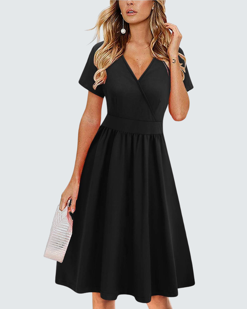 Ruby Vestido cruzado para mujer – Vestido midi con escote en V, mangas cortas y bolsillos