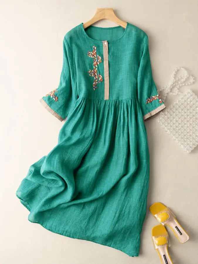Elisa Women's Embroidered Dress – Elegant Cotton Linen Dress, Traditional Chic Design