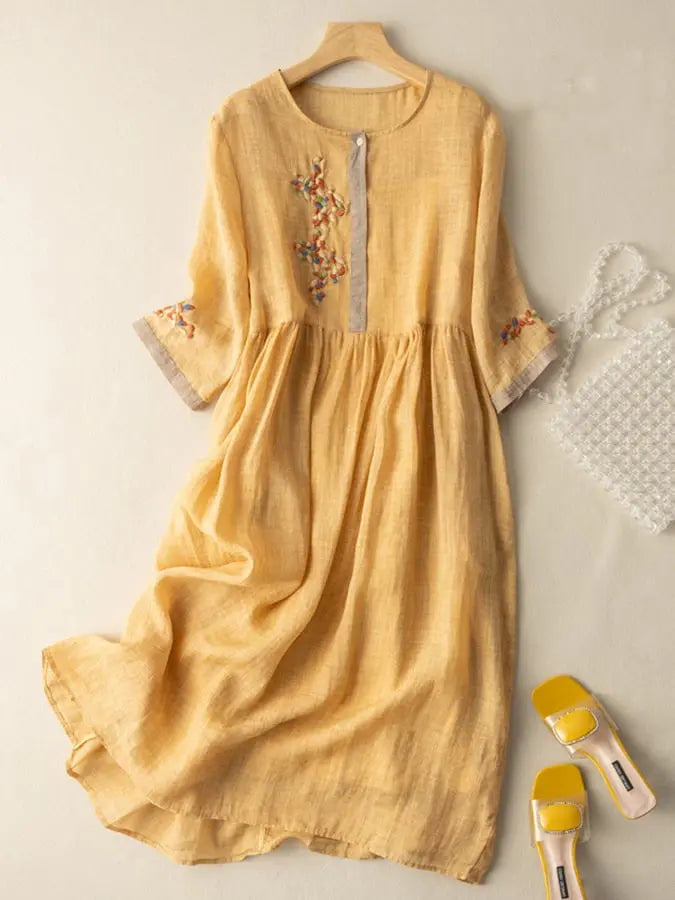 Elisa Women's Embroidered Dress – Elegant Cotton Linen Dress, Traditional Chic Design
