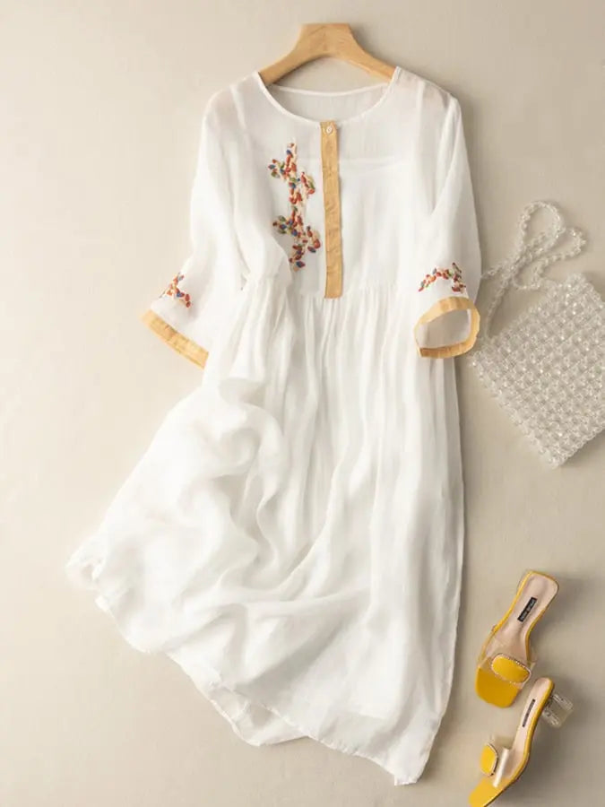 Elisa Women's Embroidered Dress – Elegant Cotton Linen Dress, Traditional Chic Design