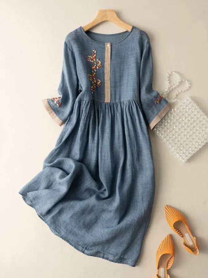 Elisa Abito Donna Ricamato – Vestito Cotone Lino Elegante, Design Tradizionale Chic