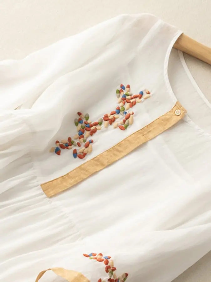 Elisa Abito Donna Ricamato – Vestito Cotone Lino Elegante, Design Tradizionale Chic