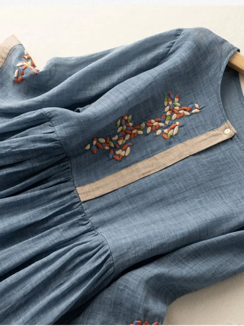 Elisa Abito Donna Ricamato – Vestito Cotone Lino Elegante, Design Tradizionale Chic