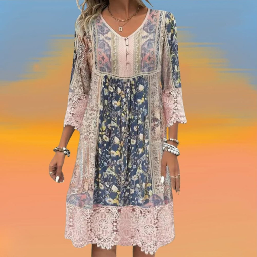 Boho Luxe Abito Donna Floreale – Vestito Bohemien Elegante con Bottoni Casual Chic
