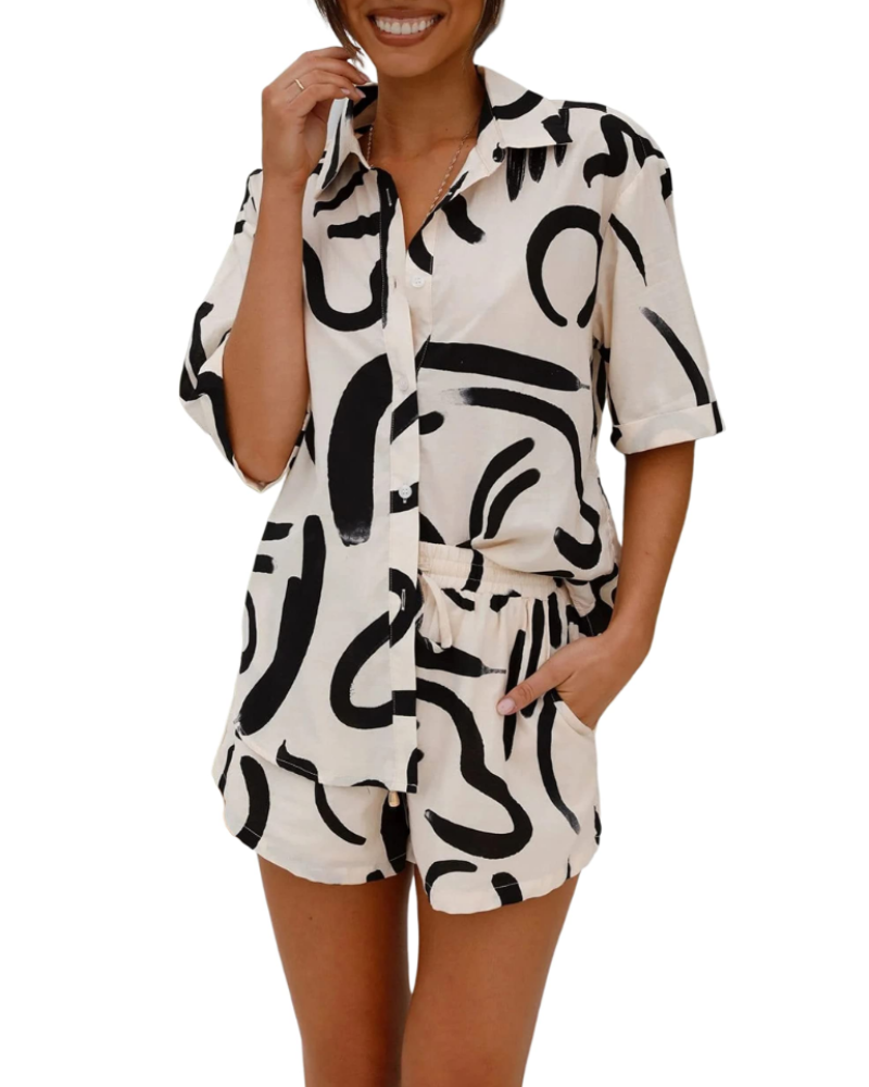 Kelsey Completo Donna Estivo – Camicia Tropicale, Shorts con Coulisse & Tasche