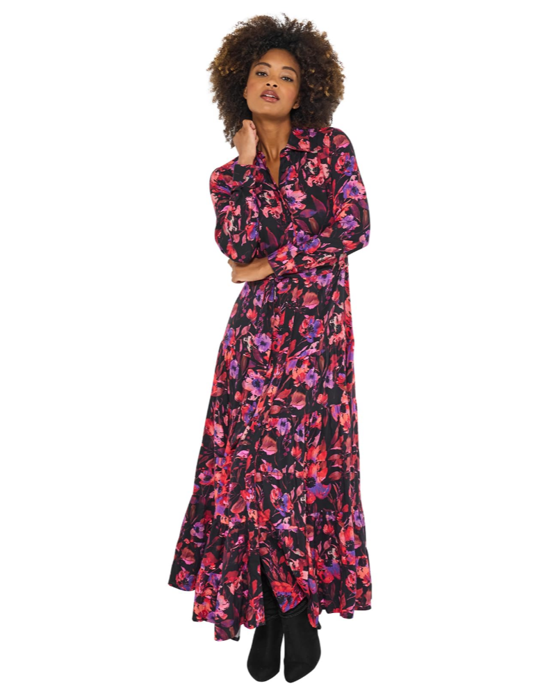 Naomi Abito Donna – Maxi kjole med blomsterprint, krave, lange ærmer og bælte