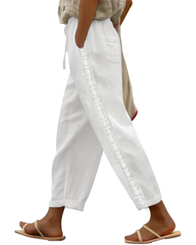 Daphne Pantalones capri para mujer – Algodón y lino, bordado lateral y bolsillos